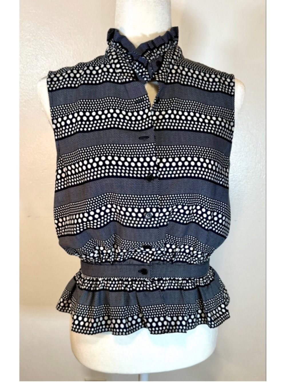 Alice Ritter Navy & White Polka Dot Sleeveless Blouse, button, peplum, ruffle